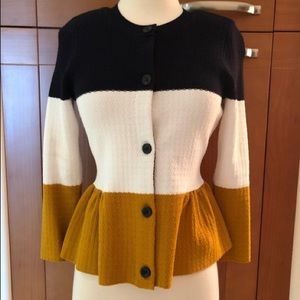Ann Taylor Navy White Yellow Peplum Sweater Jacket